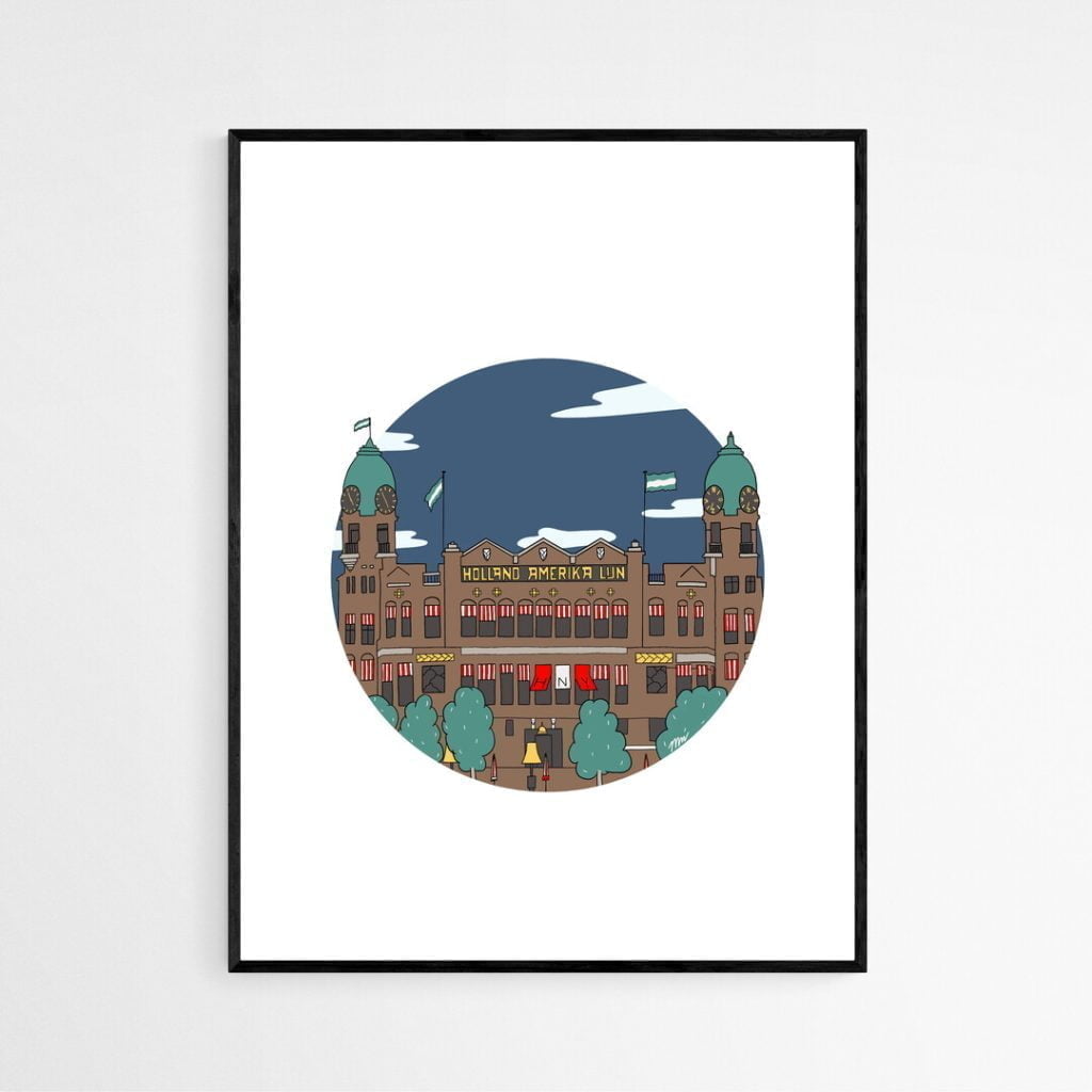 Handgetekende Hotel New York Rotterdam art print, Art Nouveau gebouw aan de Maas