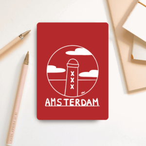 Afscheidscadeau collega 23 Wenskaart van een Amsterdammertje op een bureau
