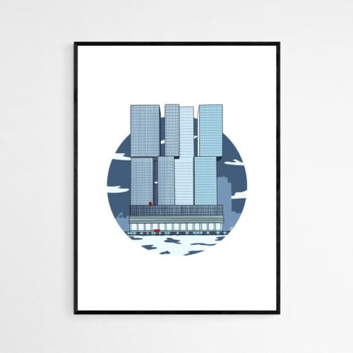Cartoonstijl kunstposter van De Rotterdam gebouw aan de Maas in blauwtinten – moderne architectuurprint zonder lijst