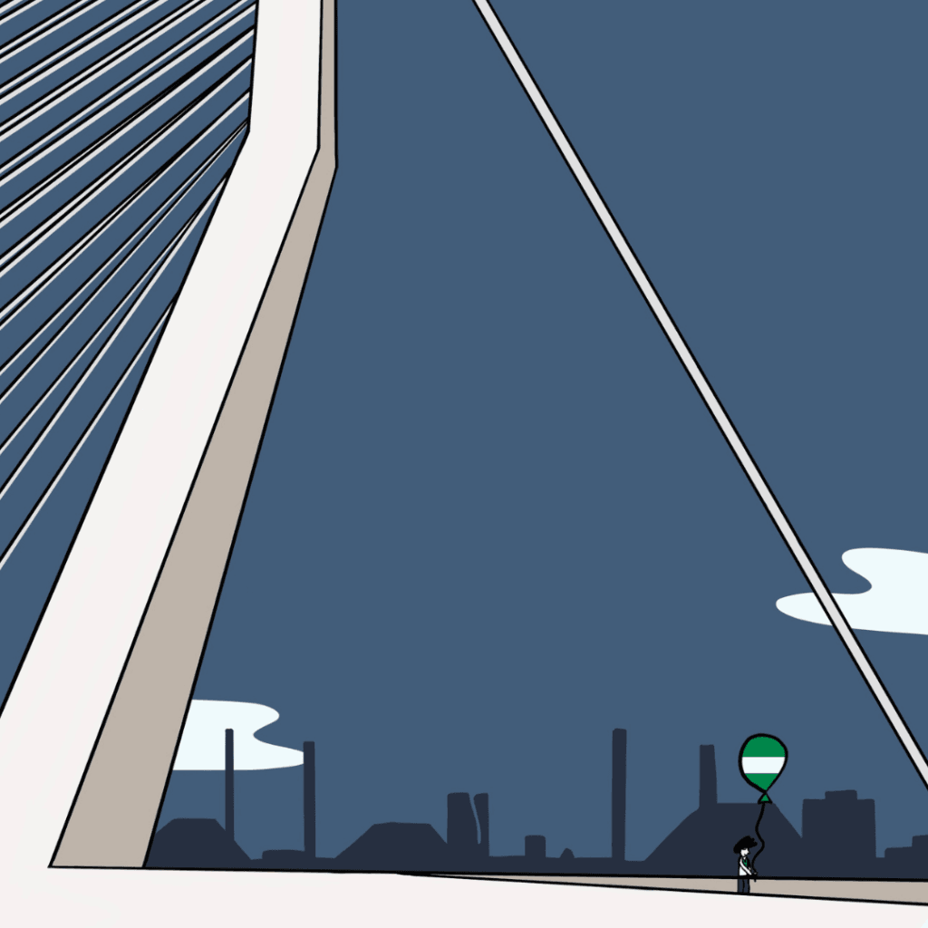 Erasmusbrug Rotterdam art print ingelijst, detail van het handgetekende ontwerp