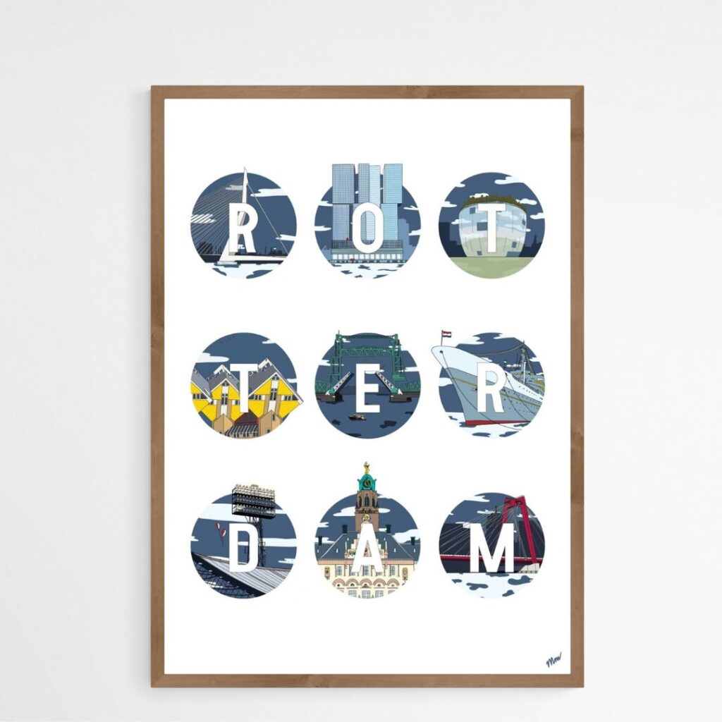 Iconisch Rotterdam Poster eikenhouten lijst - met tekst