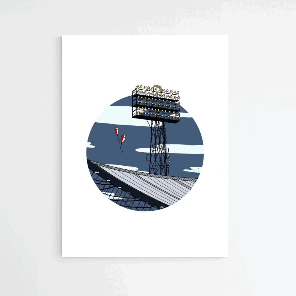 Kleurrijke illustratieposter van De Kuip in Rotterdam met lichtmast en Feyenoord ballon – moderne kunstprint zonder lijst
