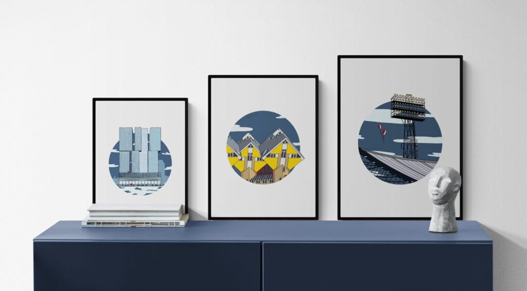 Drie art prints van iconische gebouwen in Rotterdam