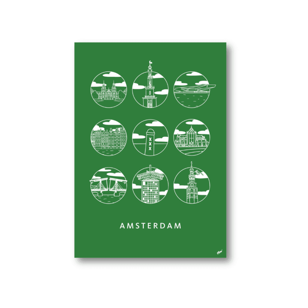 Urban Icons Amsterdam poster in groen – moderne grafische stadsprint met iconen van Amsterdam.