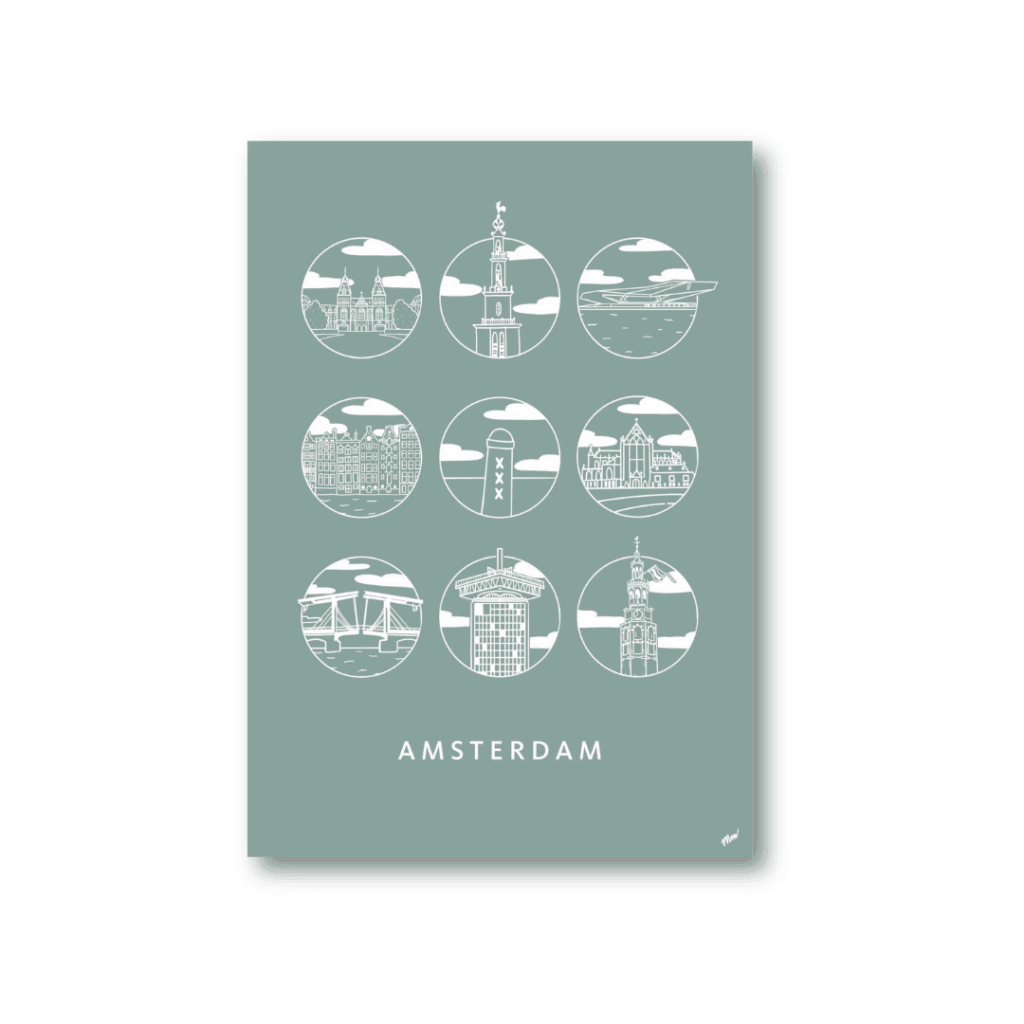 Urban Icons Amsterdam poster in olive – minimalistisch vormgegeven stadsposter.