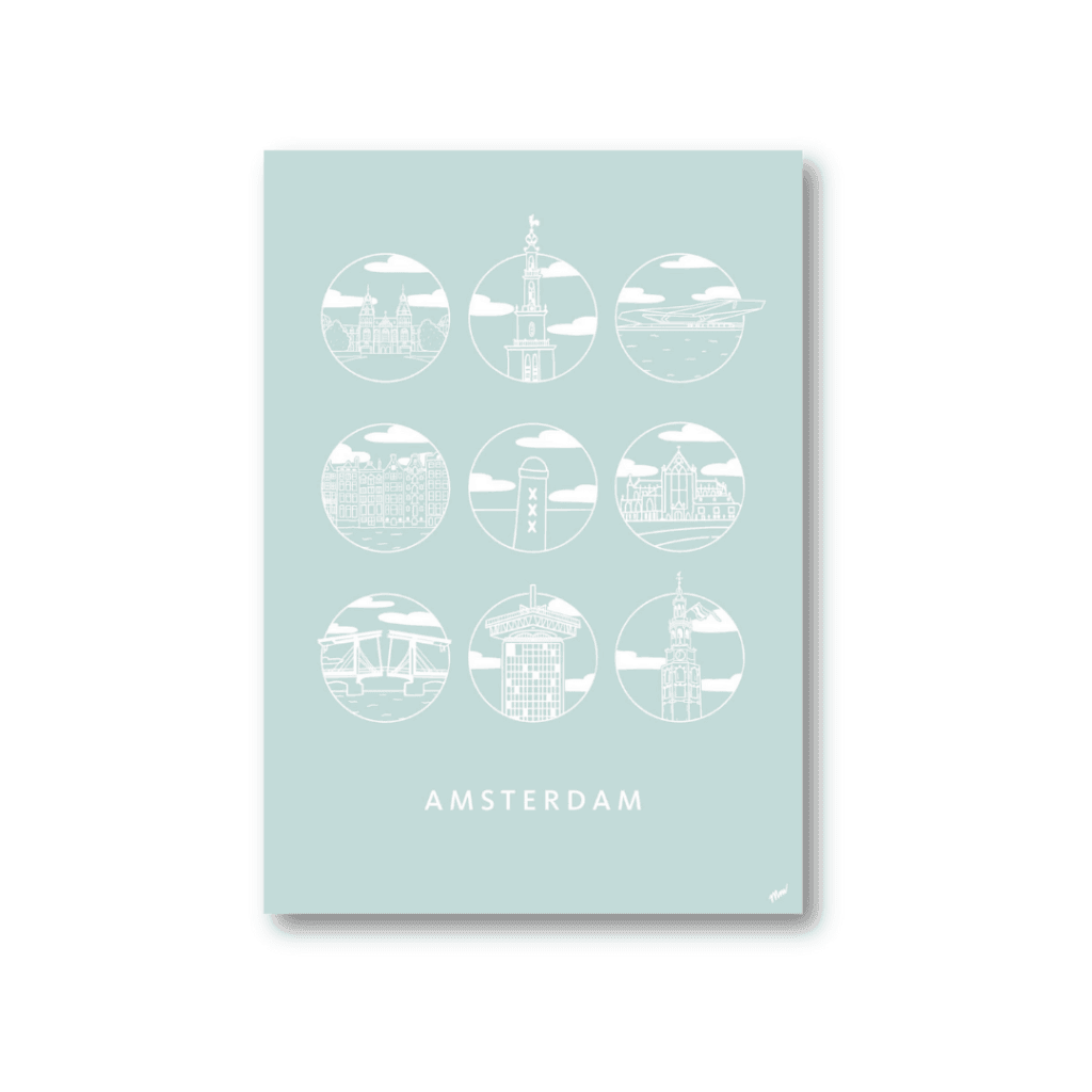 Urban Icons Amsterdam poster in prussian blauw – elegante wanddecoratie met stadsiconen.