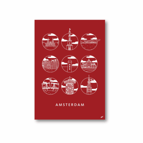 Amsterdam Urban Icons poster in rood – minimalistische stadsillustratie met iconen van Amsterdam.