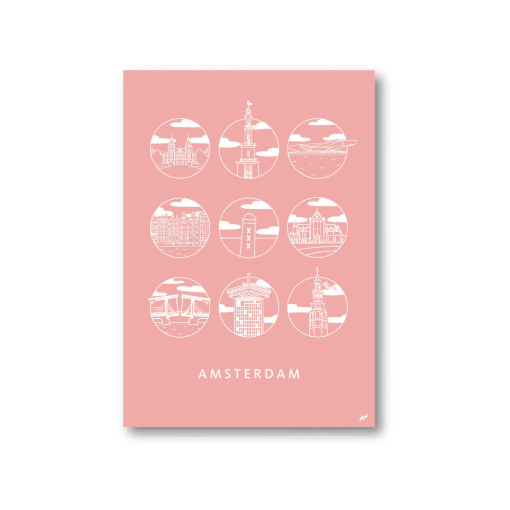Urban Icons Amsterdam poster in roze – creatieve stadsposter met Amsterdamse iconen.