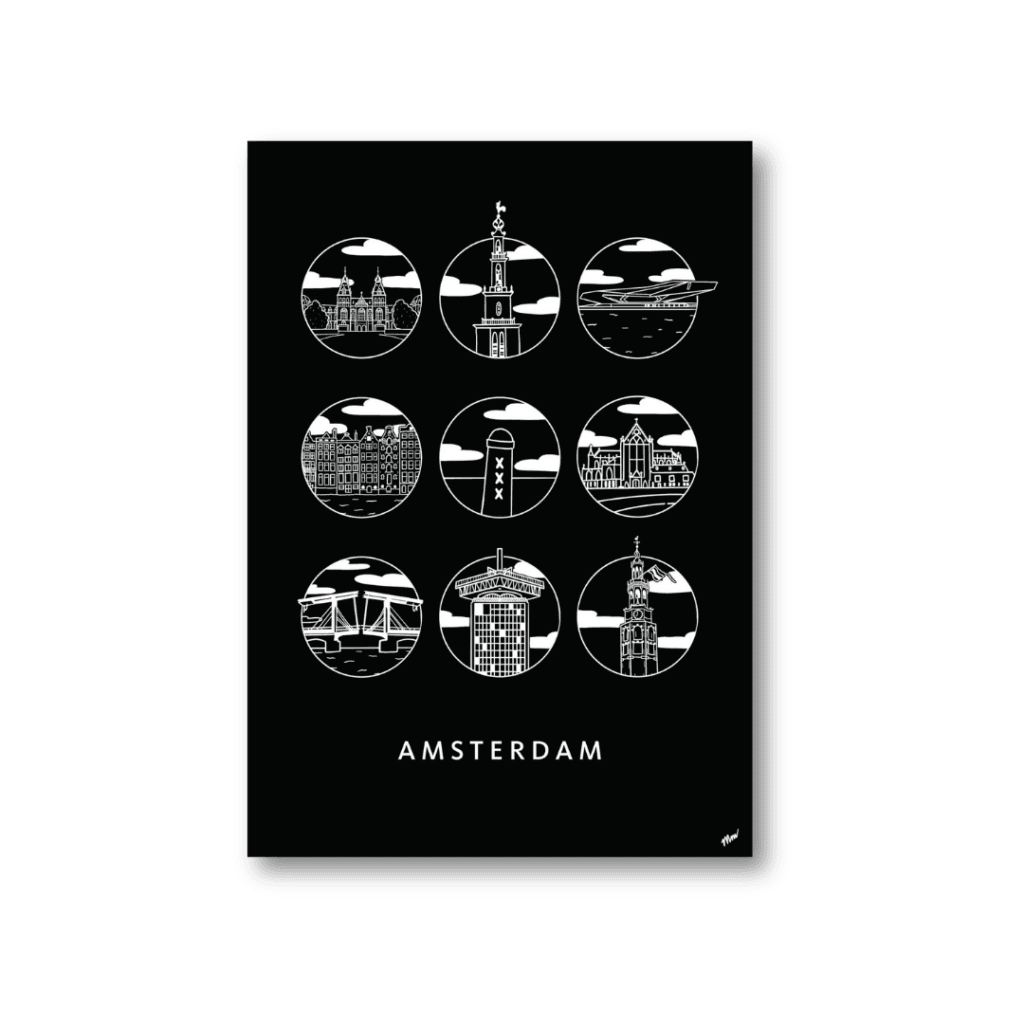 Urban Icons Amsterdam poster in zwart – strak en modern stadsdesign.