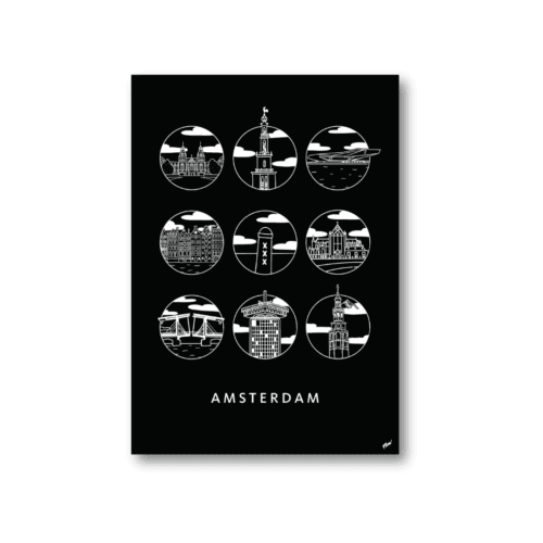 Urban Icons Amsterdam poster in zwart – strak en modern stadsdesign.