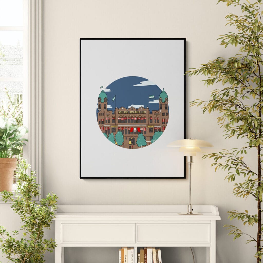 Handgetekende Hotel New York Rotterdam art print, Art Nouveau gebouw aan de Maas